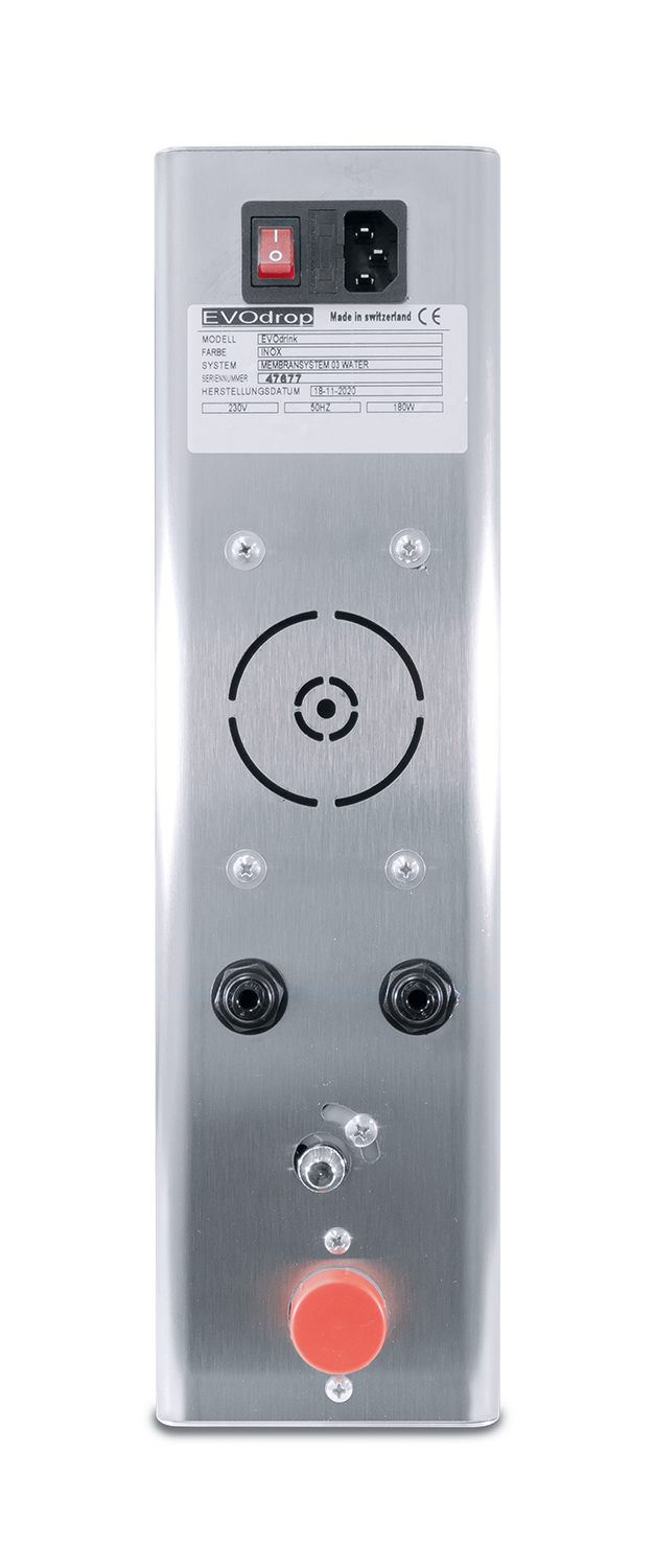 EVOfilter osmosis system – rear connections panel with power switch, inlet/outlet ports and serial label