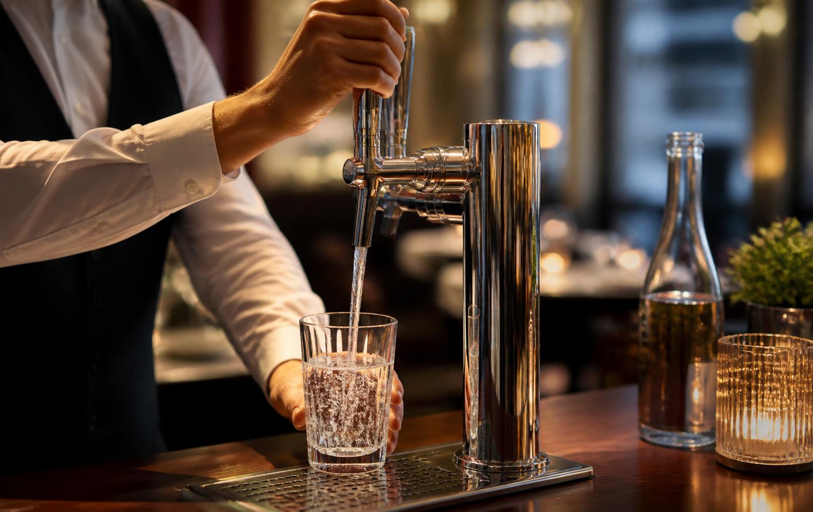 Frisches, gefiltertes Wasser wird in einer Bar/Gastronomie in ein Glas gezapft