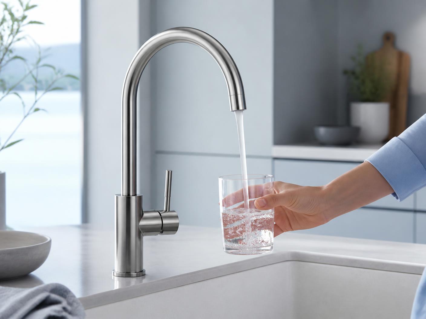 Glas wird am gefilterten Wasserhahn gefüllt